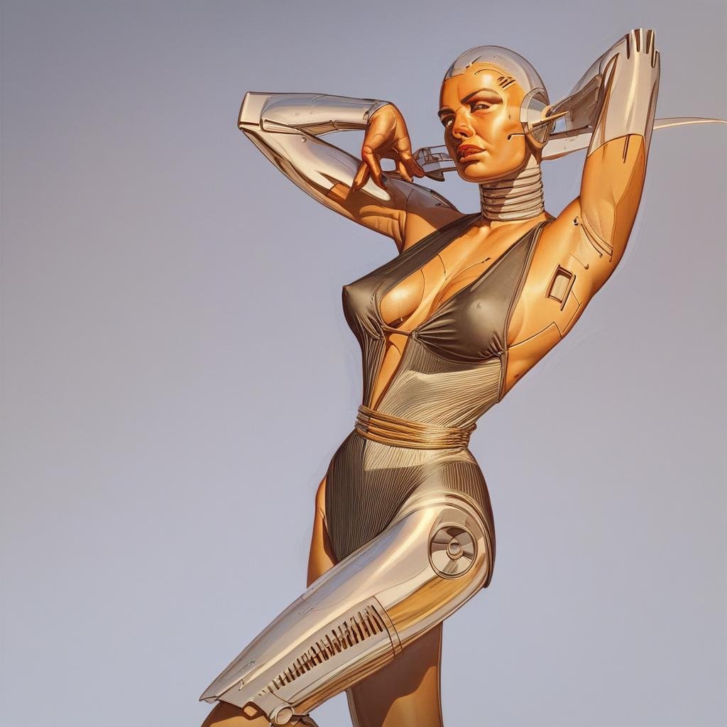 chrome skin gyniods robot-woman 1girl solo breasts weapon cyborg android medium breasts armpits 1girl tall perfect woman n...