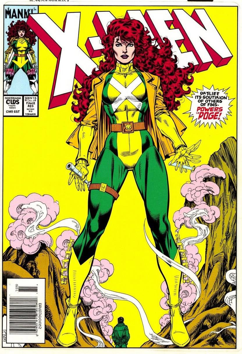 this is a vibrant digitally colored comic book cover illustration featuring rogue a character from the x-men series. the a...