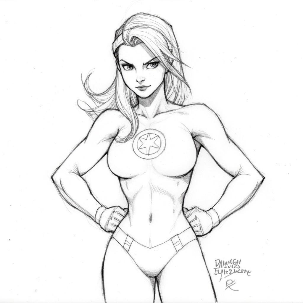 the image is a detailed pencil drawing of a confident powerful woman with a superheroine aesthetic. she stands with a comm...
