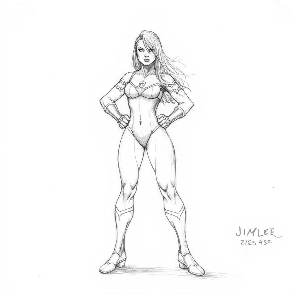 the image is a detailed pencil drawing of a confident powerful woman with a superheroine aesthetic. she stands with a comm...