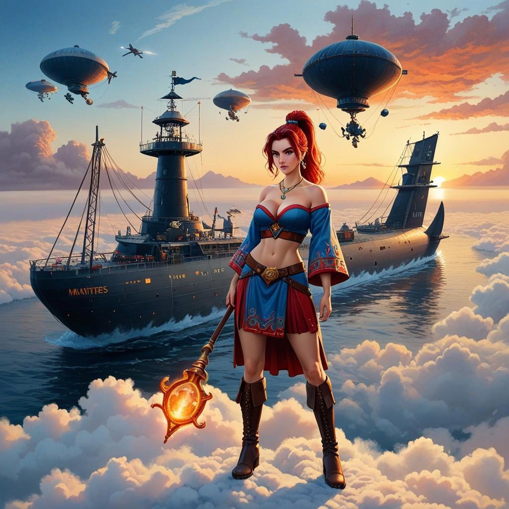 oil painting of (parkinson_style) score_9 score_8_up score_7_up action scene 1girl solo red hair jewelry breasts navel lon...