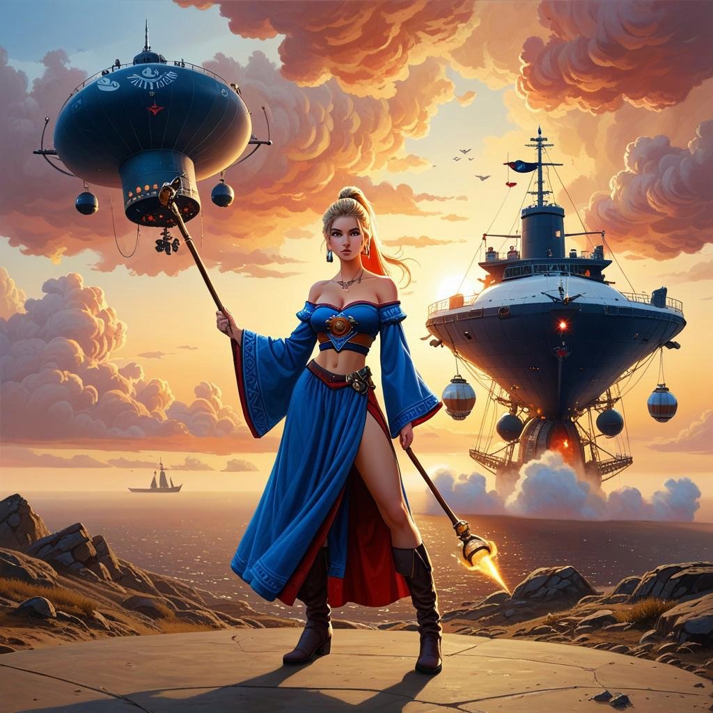 oil painting of (parkinson_style) score_9 score_8_up score_7_up action scene 1girl solo blonde hair jewelry breasts navel...
