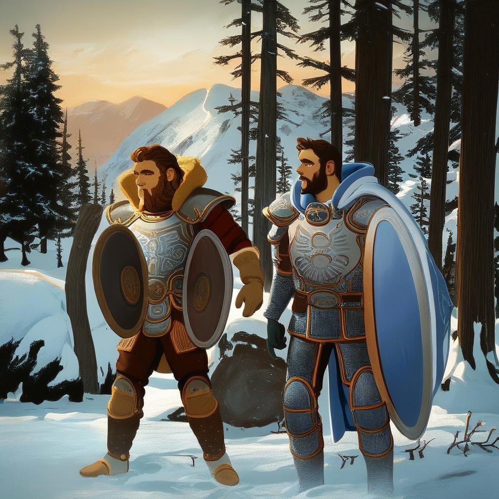 parkinson_style score_9 score_8_up score_7_up action scene shield snow tree multiple boys armor beard mountain weapon faci...