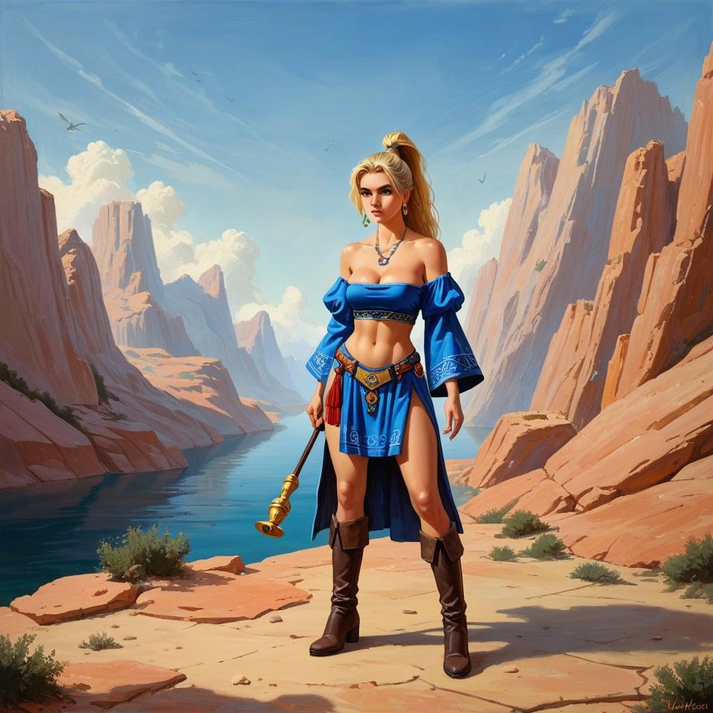oil painting of (parkinson_style) score_9 score_8_up score_7_up action scene 1girl solo blonde hair jewelry breasts navel...