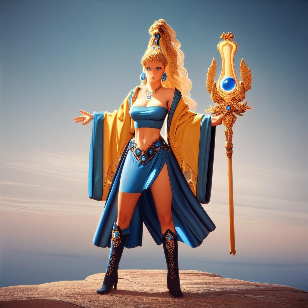 parkinson_style score_9 score_8_up score_7_up action scene 1girl solo blonde hair jewelry breasts navel long hair necklace...