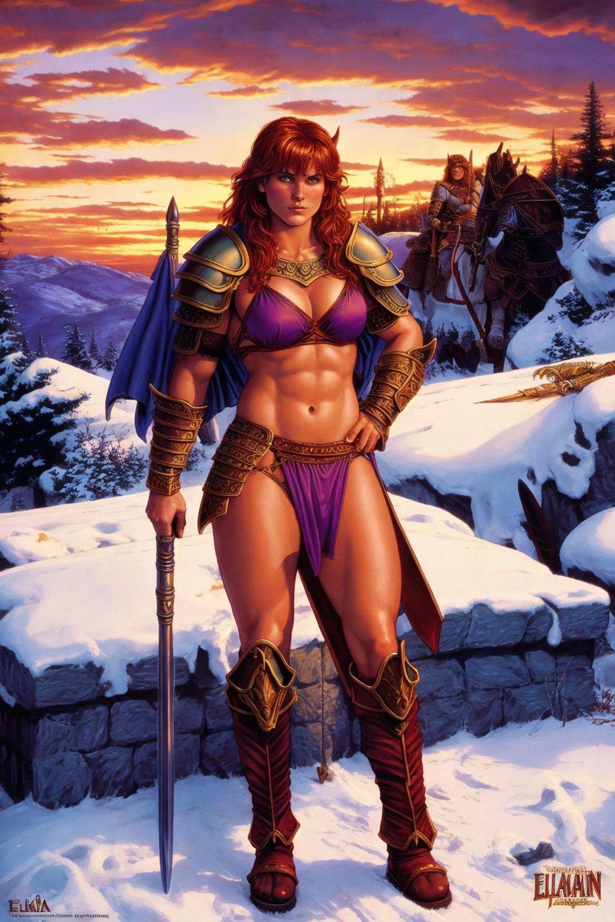 Elmore_Style fantasy illustrations of a barbarian,  skimpy armor,  bikini armor by Glamortica on Tensor.Art