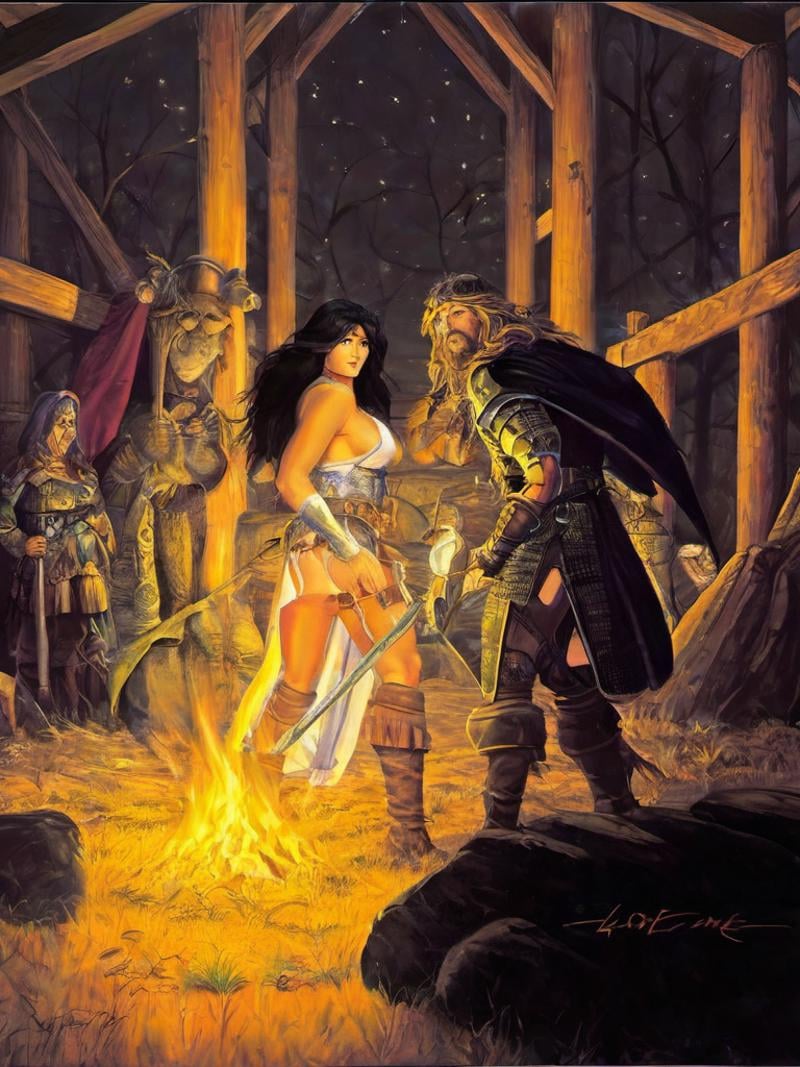 fantasy illustrations of by Elmore_Style_LX ,  Witches and warriors,  sexy by Glamortica on Tensor.Art