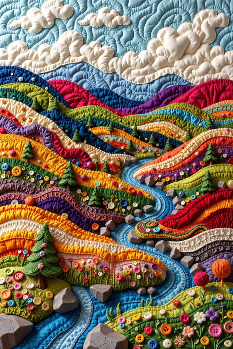 "Endless rolling hills formed from vivid patchwork quilts stitched in geometric patterns,  with rivers knitted from flowin...