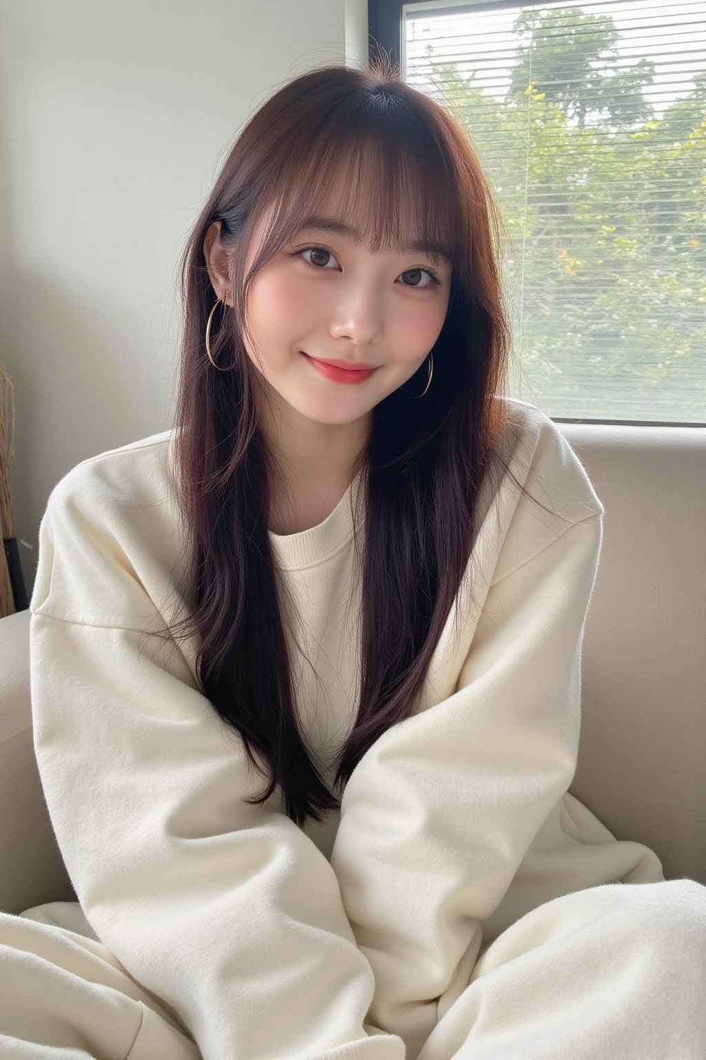 The image shows a young asian woman sitting indoors,  wearing a light-colored sweatshirt. She is wearing large round earri...
