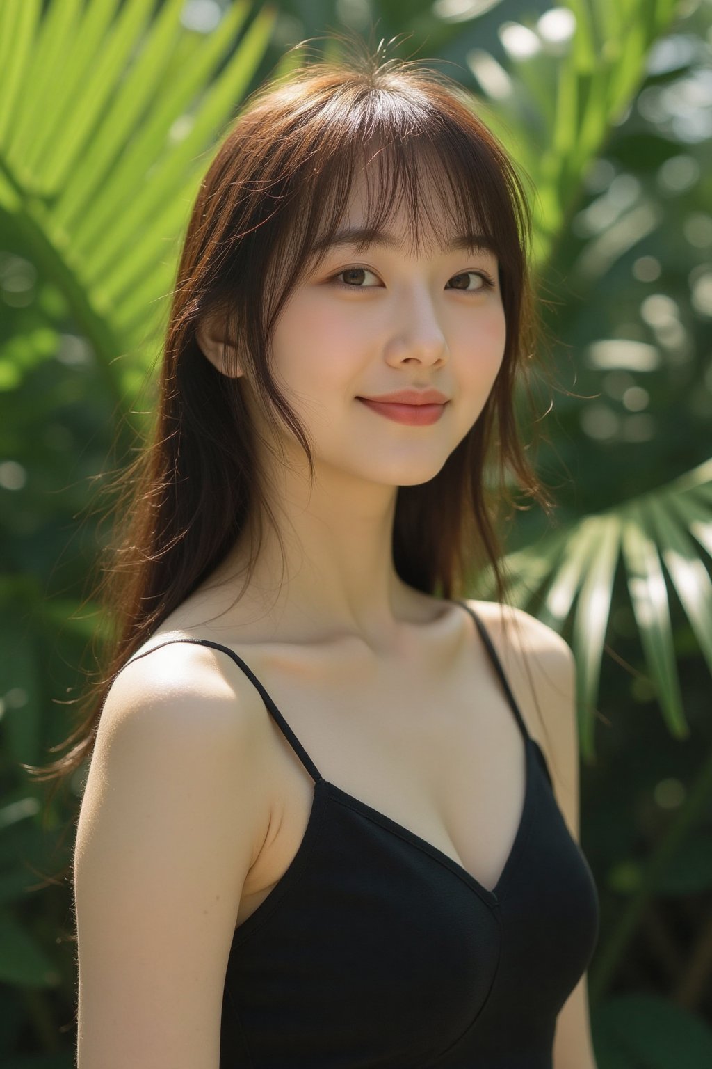 The image shows a young asian woman standing in front of a lush background of green palm leaves. She is wearing a sleevele...