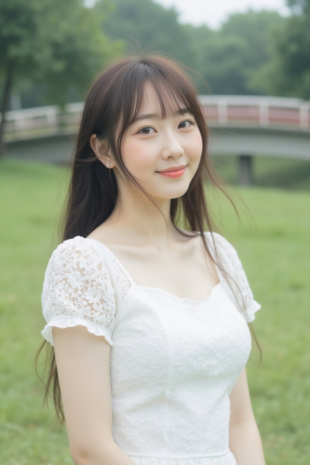 The image shows a young asian woman standing outdoors. She is dressed in a white dress with short sleeves. The background...
