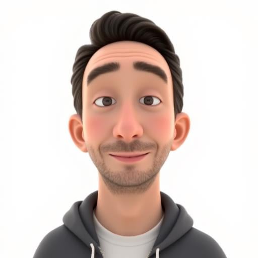 A stylized 3D cartoon portrait jlpxr. His face shows light stubble and a relaxed demeanor. The background is clean white,...