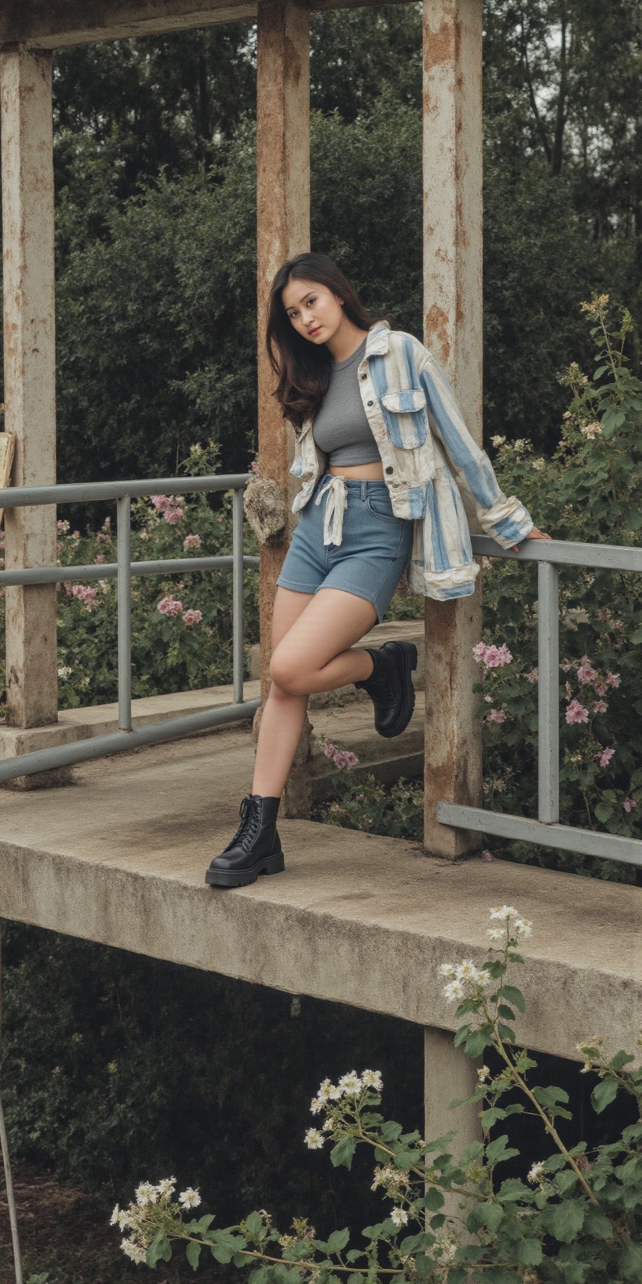 A full-body shot of a young Indonesian woman,  long dark brown hair,  standing outdoors next to a weathered wooden structu...