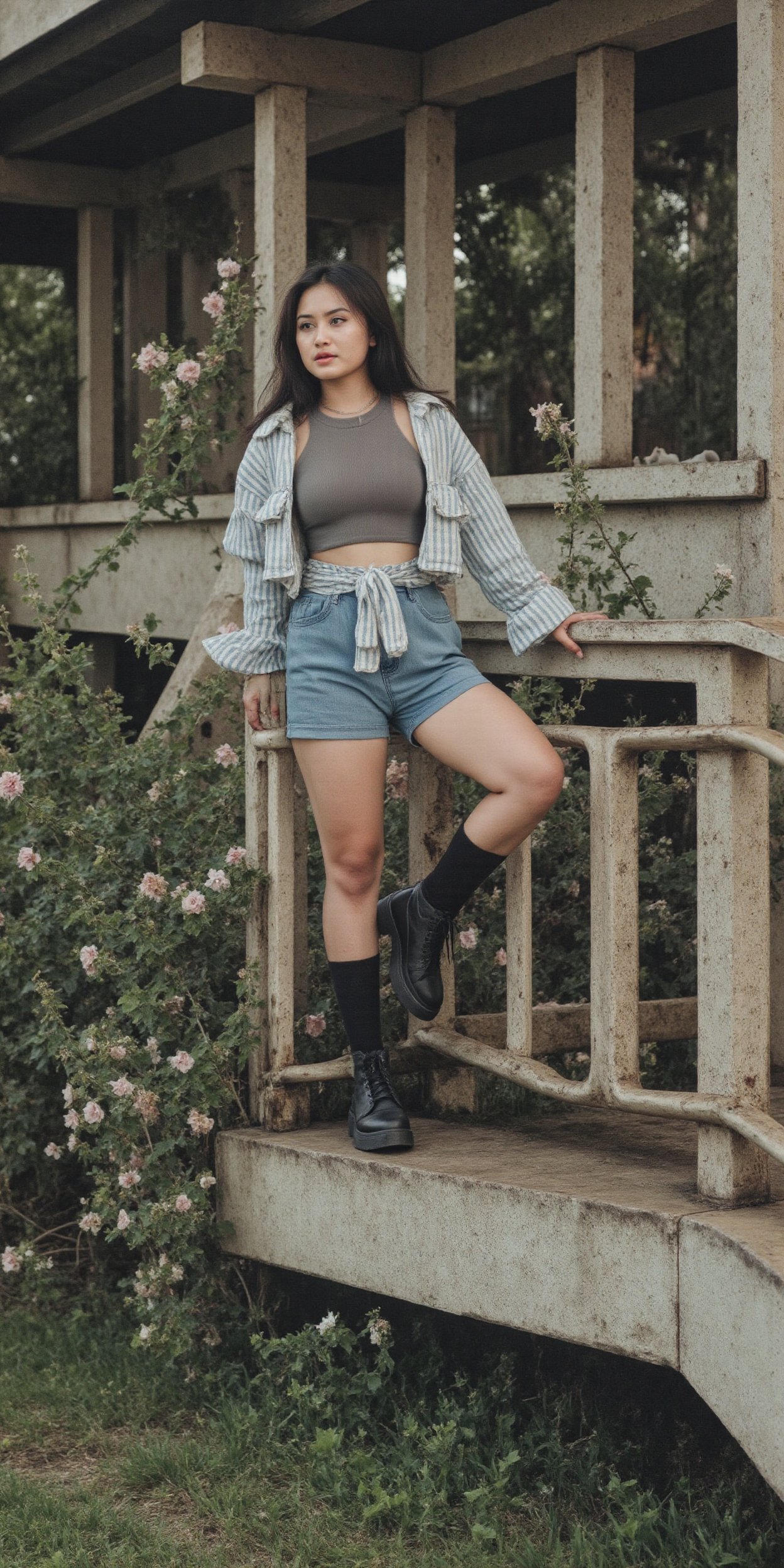 A full-body shot of a young Indonesian woman,  long dark brown hair,  standing outdoors next to a weathered wooden structu...