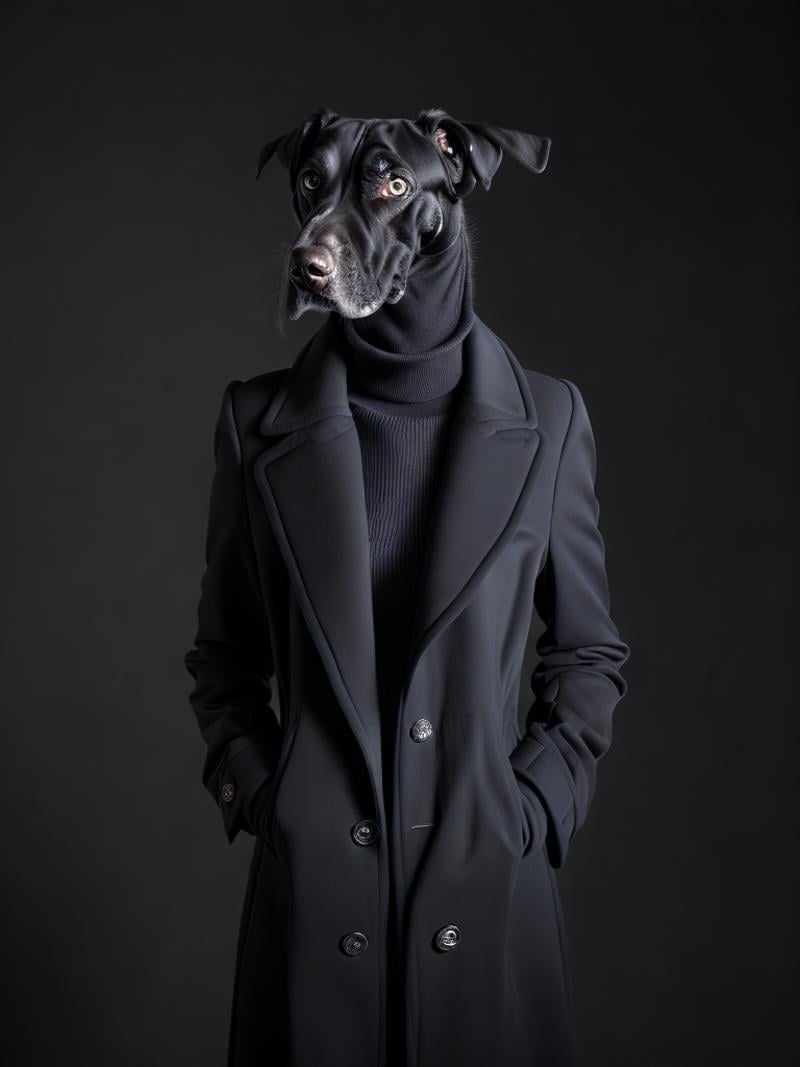 a dog wearing a black coat and a hat by Kappa_Neuro on Tensor.Art
