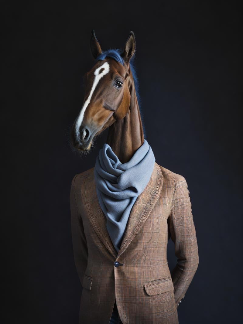 a horse wearing a suit and a blue scarf by Kappa_Neuro on Tensor.Art