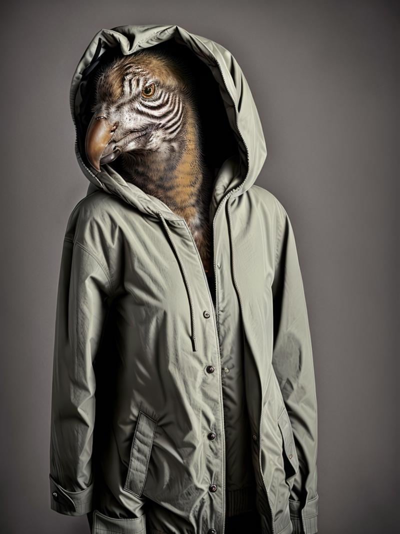 a bird wearing a jacket with a hood on it by Kappa_Neuro on Tensor.Art