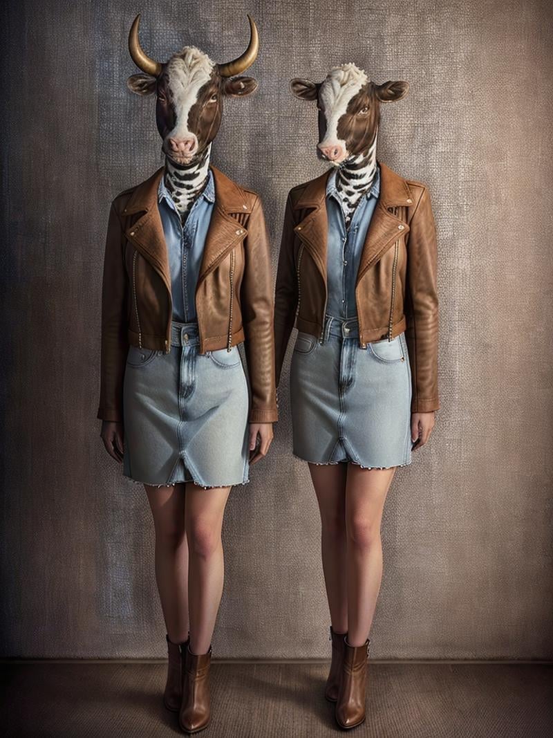 a cow wearing a leather jacket and a denim skirt by Kappa_Neuro on Tensor.Art