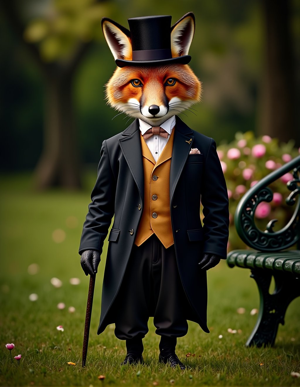 Dressed Animals Style,  A distinguished fox,  elegantly dressed in a tailored Victorian-era suit complete with a top hat a...
