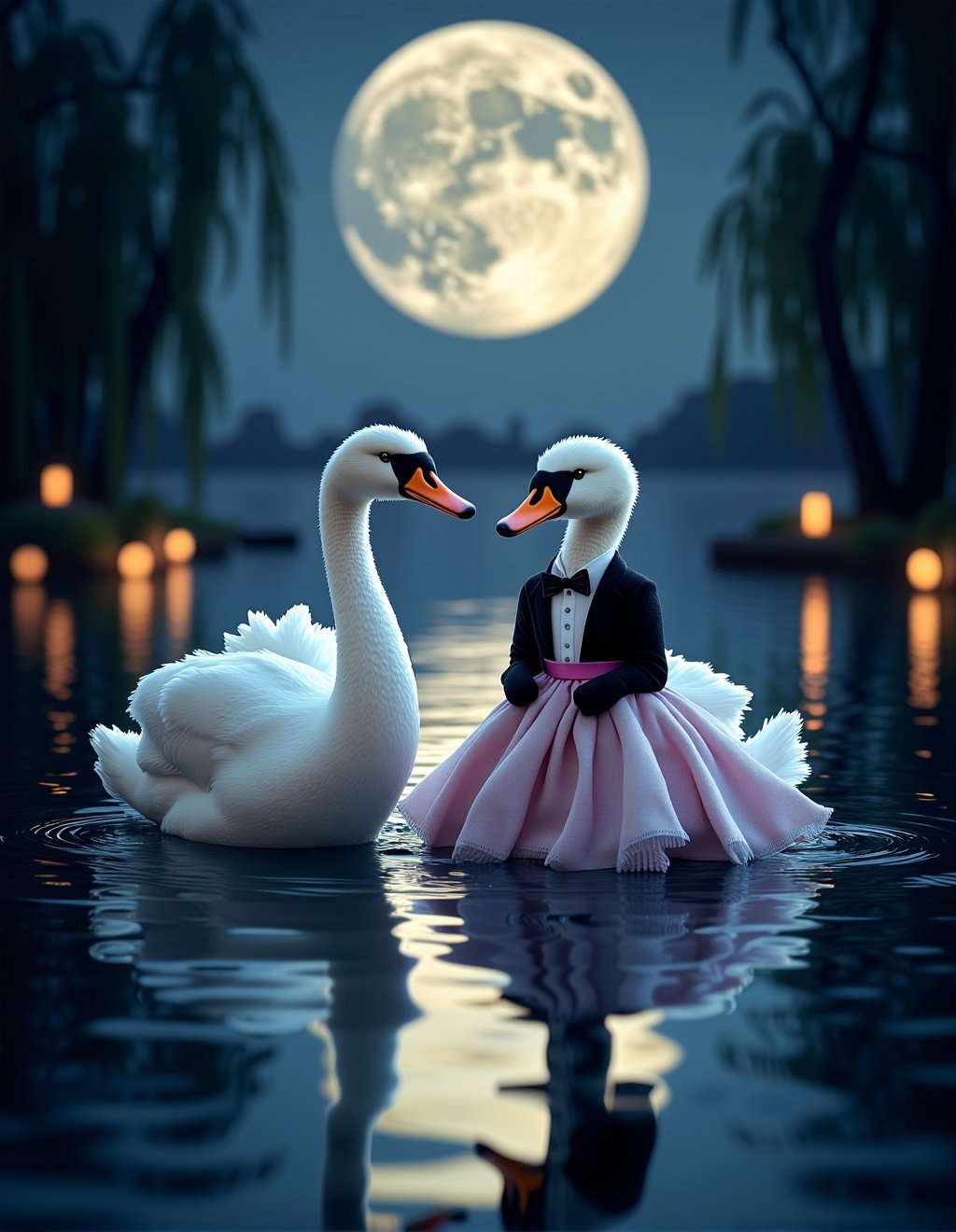 Dressed Animals Style,  A pair of elegant swans,  dressed in classic ballroom attire—a tuxedo and a flowing evening gown—g...