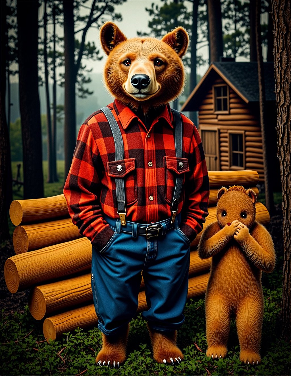 Dressed Animals Style,  A dignified bear,  dressed in a lumberjack's plaid shirt and suspenders by Kappa_Neuro on Tensor.Art