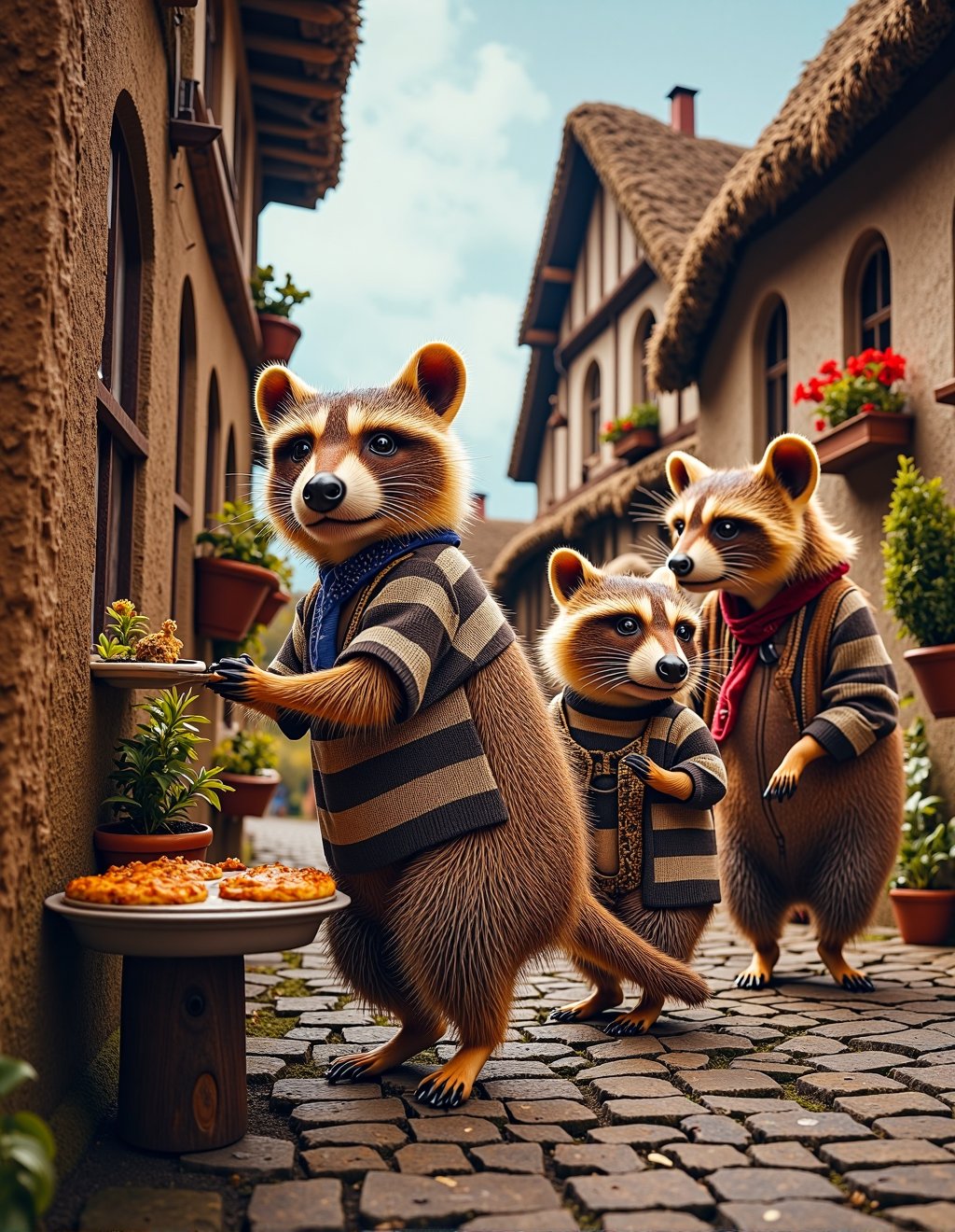 Dressed Animals Style,  A group of mischievous raccoons,  clad in striped shirts and bandanas by Kappa_Neuro on Tensor.Art