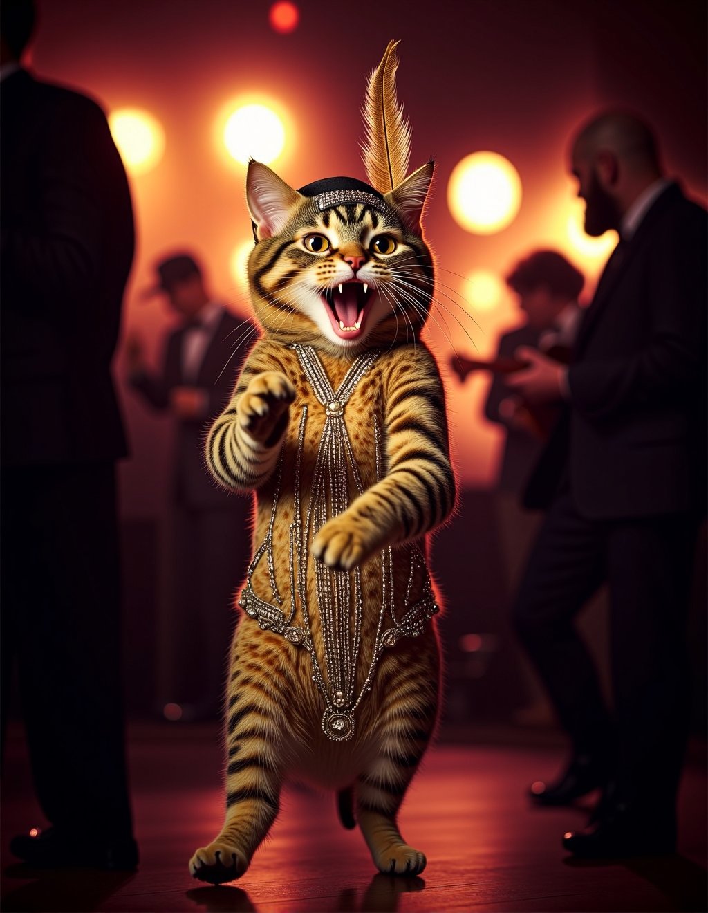 Dressed Animals Style,  A stylish cat,  dressed in 1920s flapper attire with a feathered headband and beaded dress by Kapp...