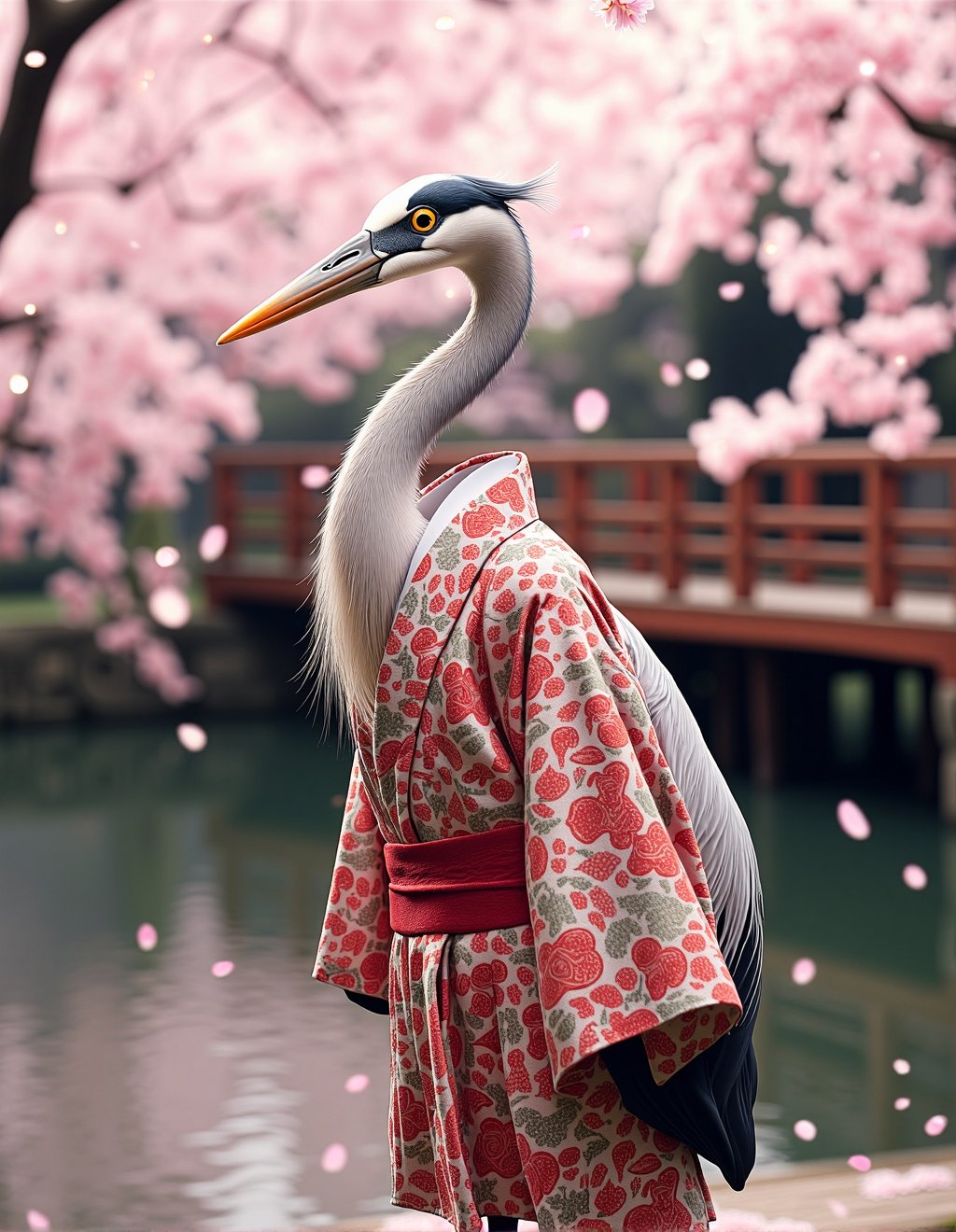 Dressed Animals Style,  A graceful heron,  adorned in traditional Japanese kimono with intricate patterns by Kappa_Neuro o...