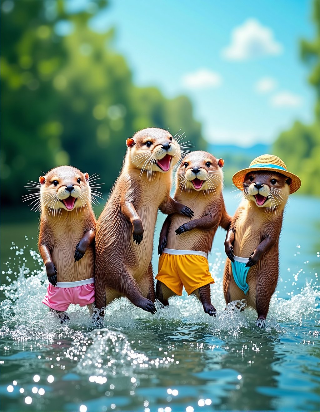 Dressed Animals Style,  A group of playful otters,  each sporting colorful swim trunks and sun hats by Kappa_Neuro on Tens...