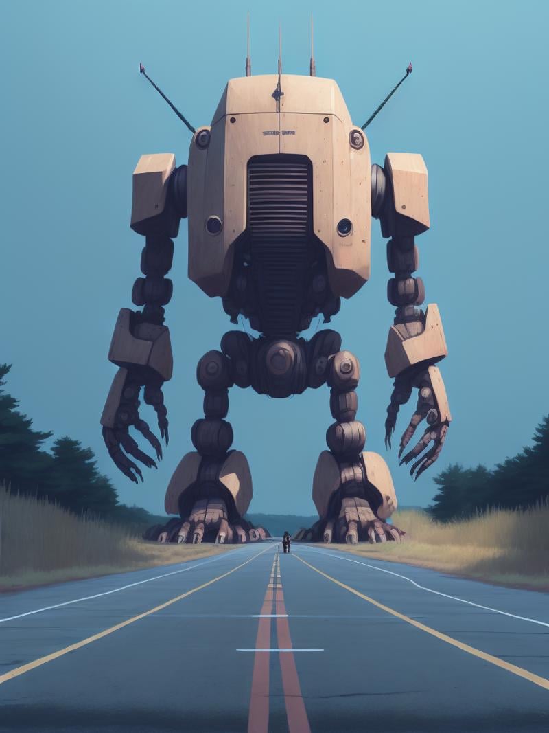 a giant robot standing in the middle of a road by Simon Stålenhag by Kappa_Neuro on Tensor.Art