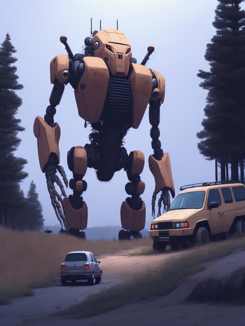 a car driving down a dirt road next to a giant robot by Simon Stålenhag by Kappa_Neuro on Tensor.Art