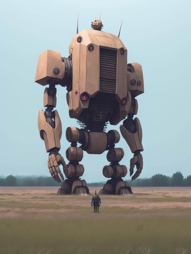 a giant robot standing in the middle of a field by Simon Stålenhag by Kappa_Neuro on Tensor.Art