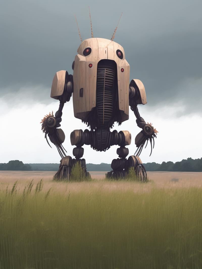 a giant robot standing in a field of tall grass by Simon Stalenhag by Kappa_Neuro on Tensor.Art