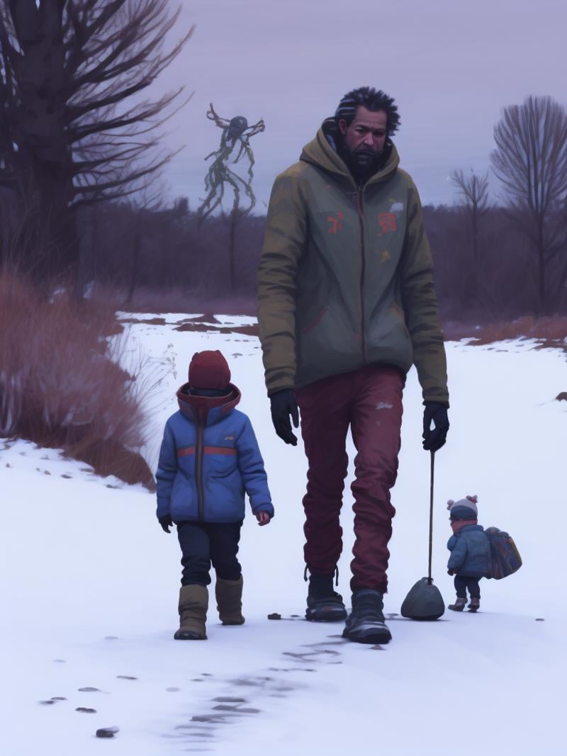 a painting of a man and a child walking in the snow by Simon Stålenhag by Kappa_Neuro on Tensor.Art