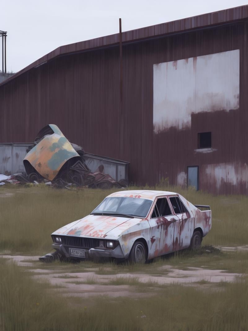 a painting of a car parked in front of a building by Simon Stalenhag by Kappa_Neuro on Tensor.Art