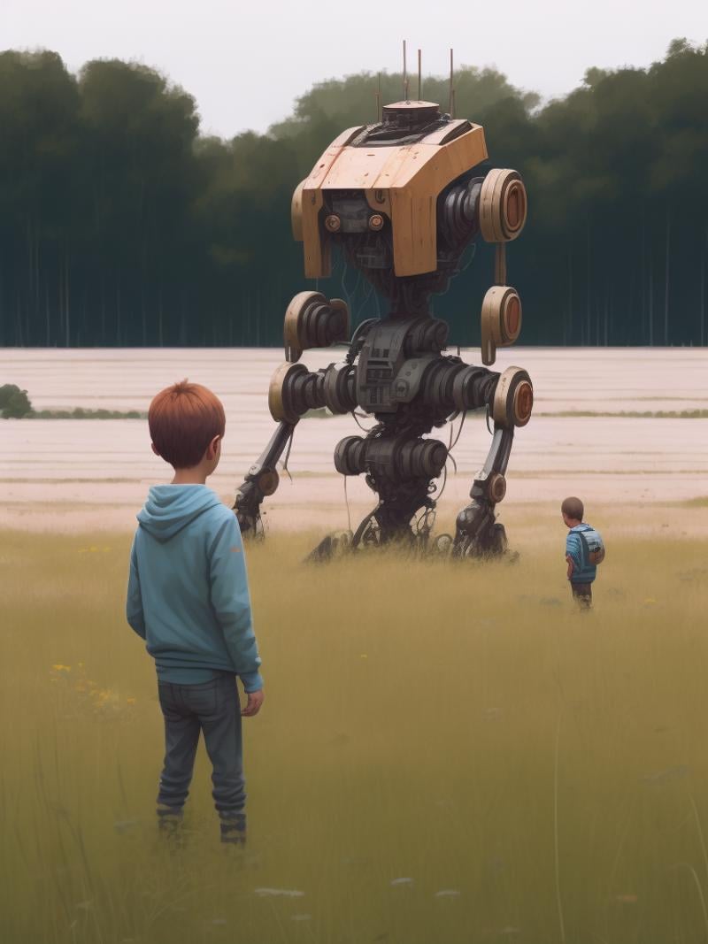 two young boys standing in a field looking at a robot by Simon Stalenhag by Kappa_Neuro on Tensor.Art