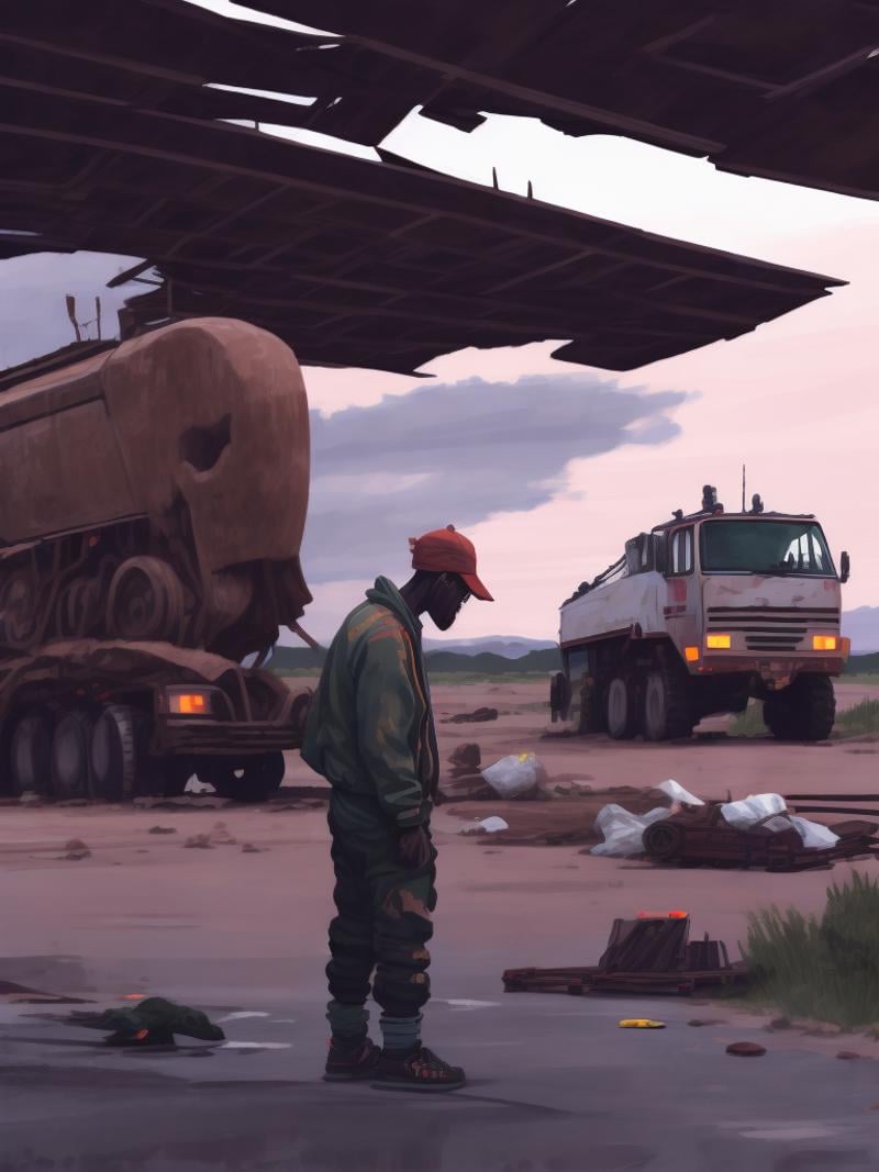 a painting of a man standing next to a truck by Simon Stålenhag by Kappa_Neuro on Tensor.Art
