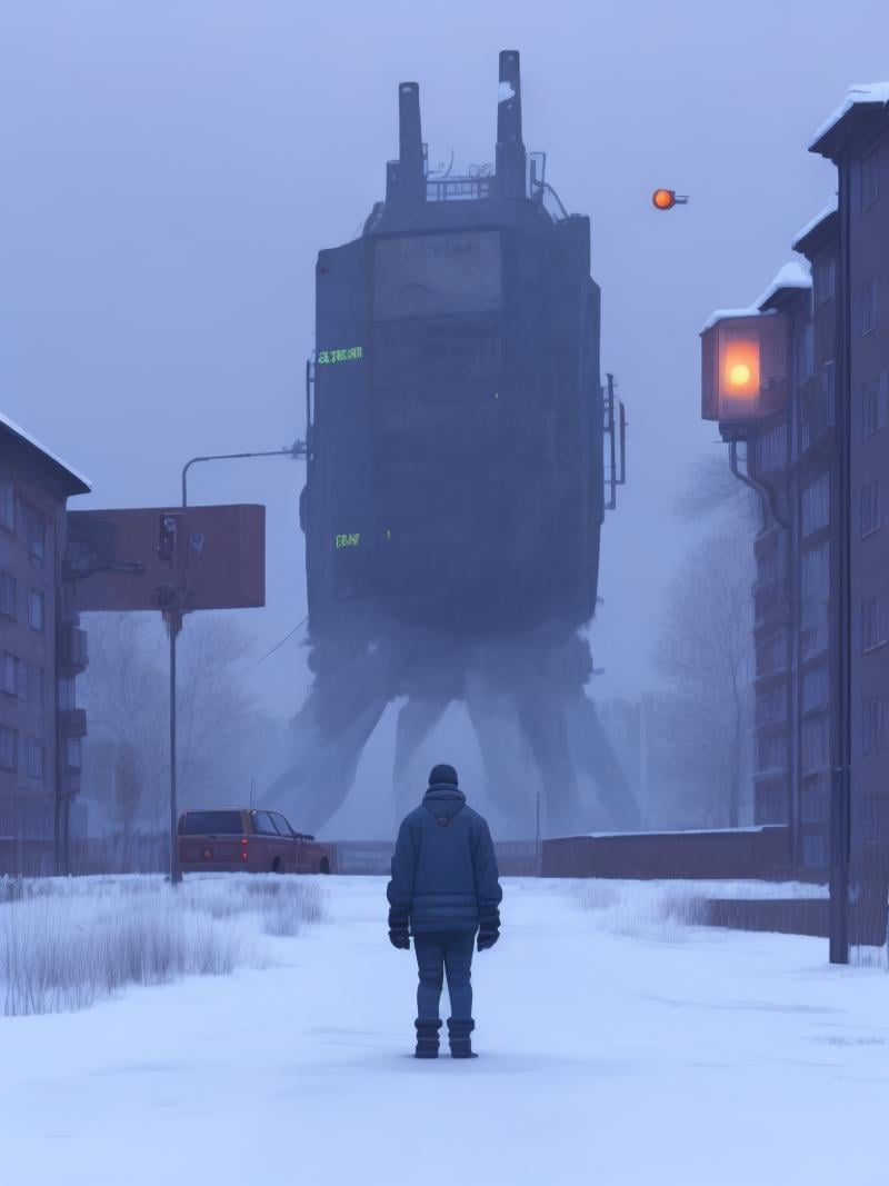 a man standing in the middle of a snowy street by Simon Stålenhag by Kappa_Neuro on Tensor.Art