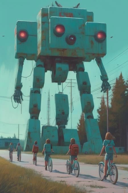 Simon Stalenhag - In summer 1983 in Fort Atkinson,  WI,  a group of teens wearing summer clothes from 1983 are riding or w...