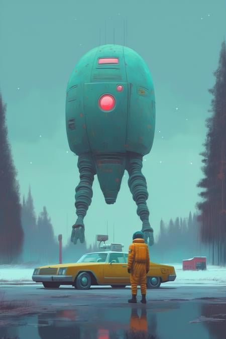 Simon Stalenhag - a person standing next to a car,  space,  in the style of simon stalenhag by Kappa_Neuro on Tensor.Art