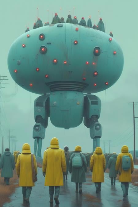 Simon Stalenhag - cinematic view photorealistic,  close up of group of futuristic decadent pilgrims,  hyper realistic. of...