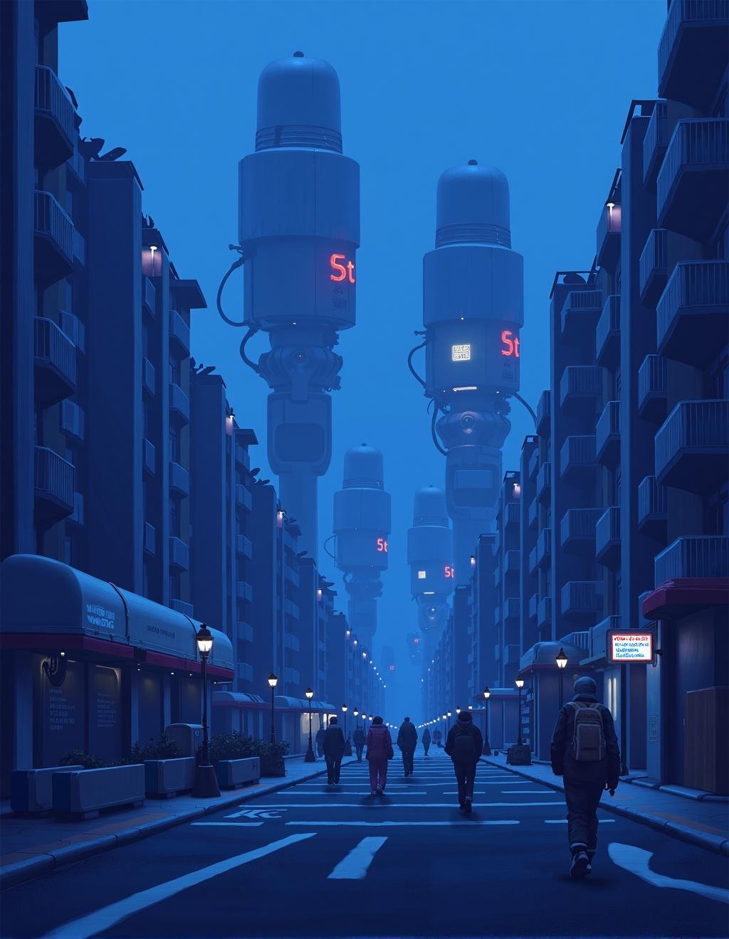 Simon Stalenhag Style,  A city submerged in perpetual twilight,  where enormous floodlights illuminate the fog-covered str...