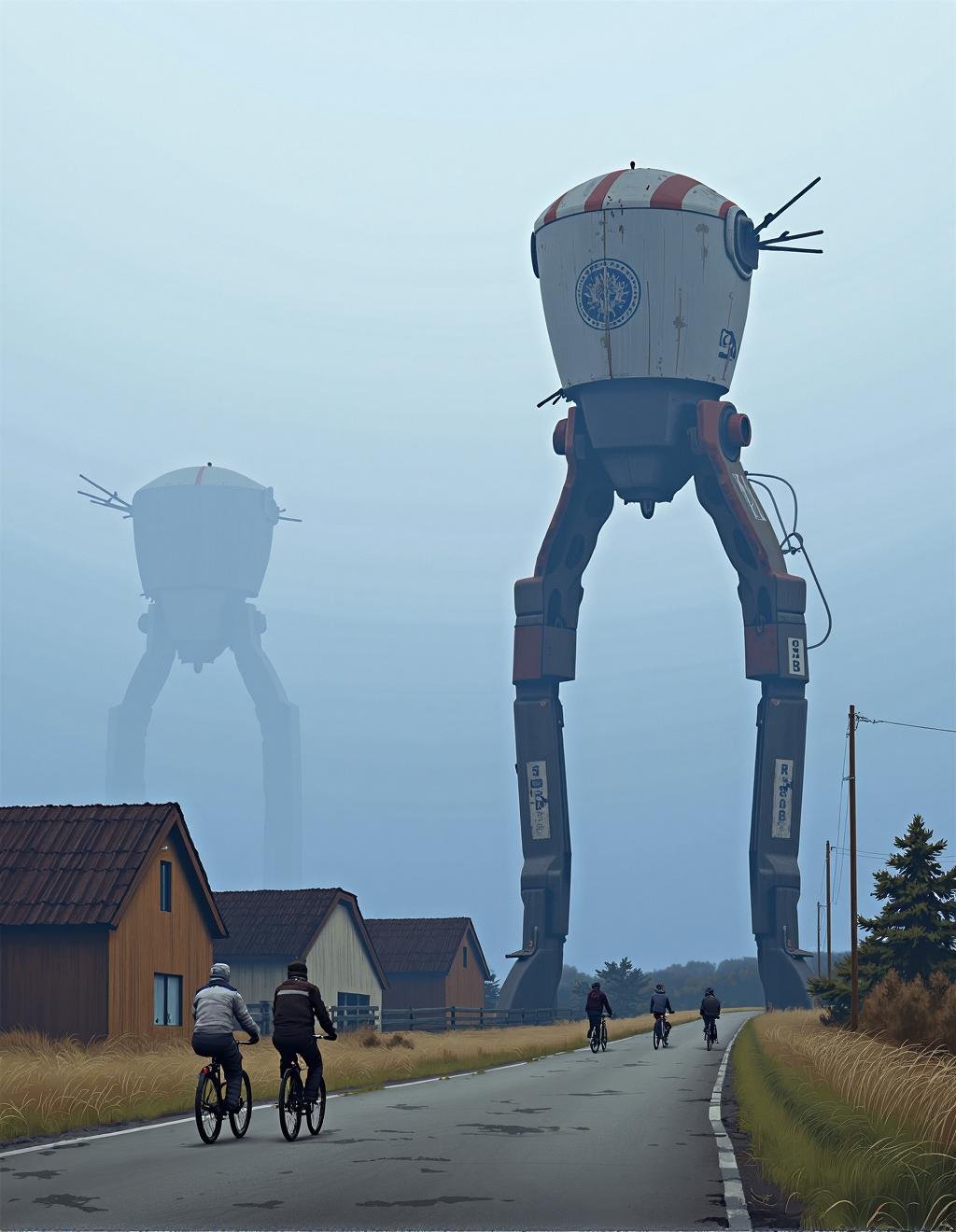 Simon Stalenhag Style,  A quiet rural town enveloped in morning fog,  where old wooden houses and barns are dwarfed by a s...