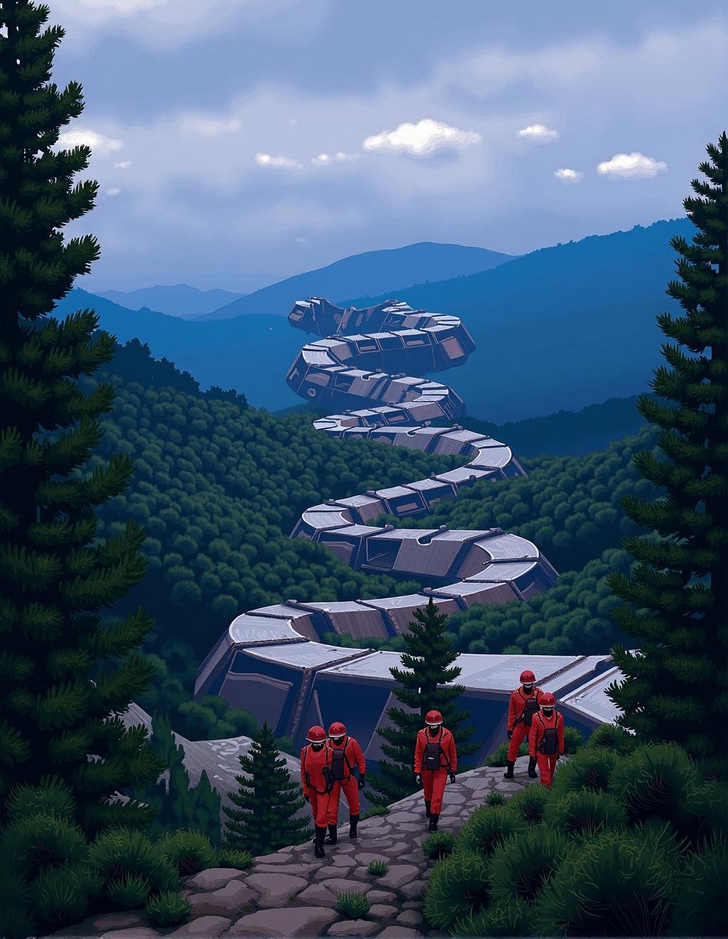 Simon Stalenhag Style,  A sprawling forest of towering pines,  with mist rolling in from the hills. Amidst the trees by Ka...