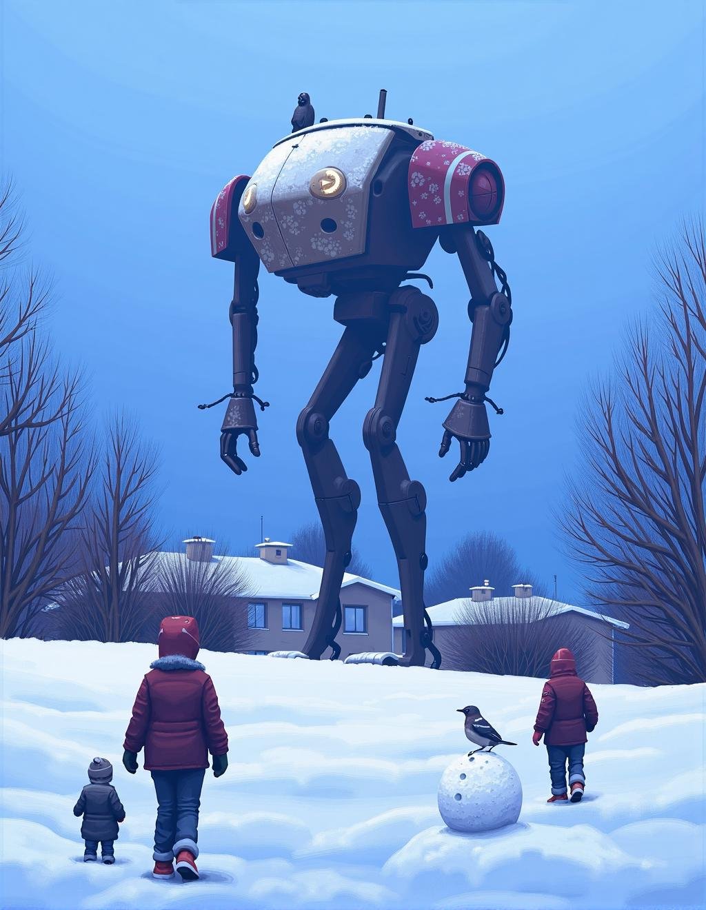 Simon Stalenhag Style,  A snow-covered suburban neighborhood,  where children in colorful winter coats build a snowman. Be...