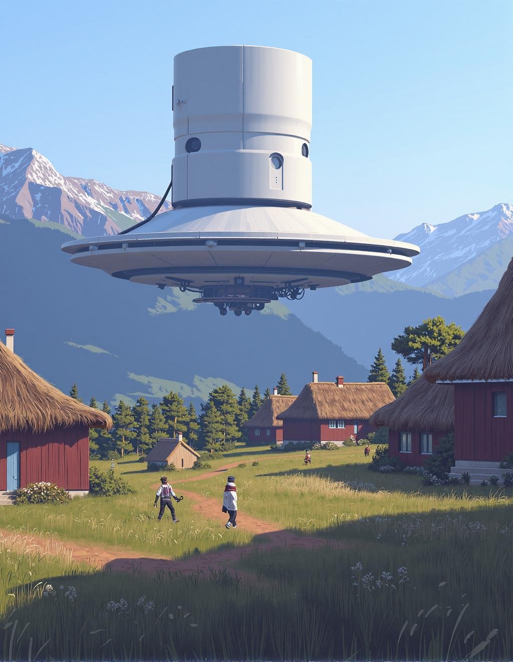Simon Stalenhag Style,  A tranquil village at the foot of a mountain range,  where old-fashioned cottages with thatched ro...