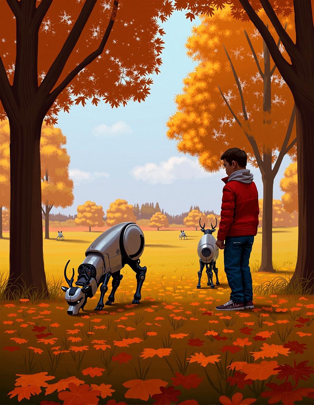 Simon Stalenhag Style,  A tranquil autumn meadow,  its trees adorned in vibrant shades of orange and yellow. A herd of mec...