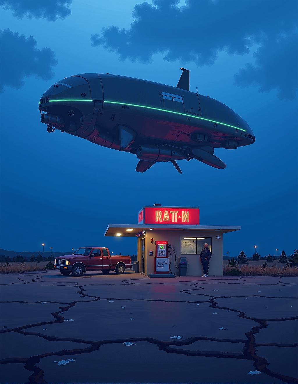 Simon Stalenhag Style,  A lonely gas station in the middle of nowhere,  its neon sign flickering dimly in the twilight. Th...
