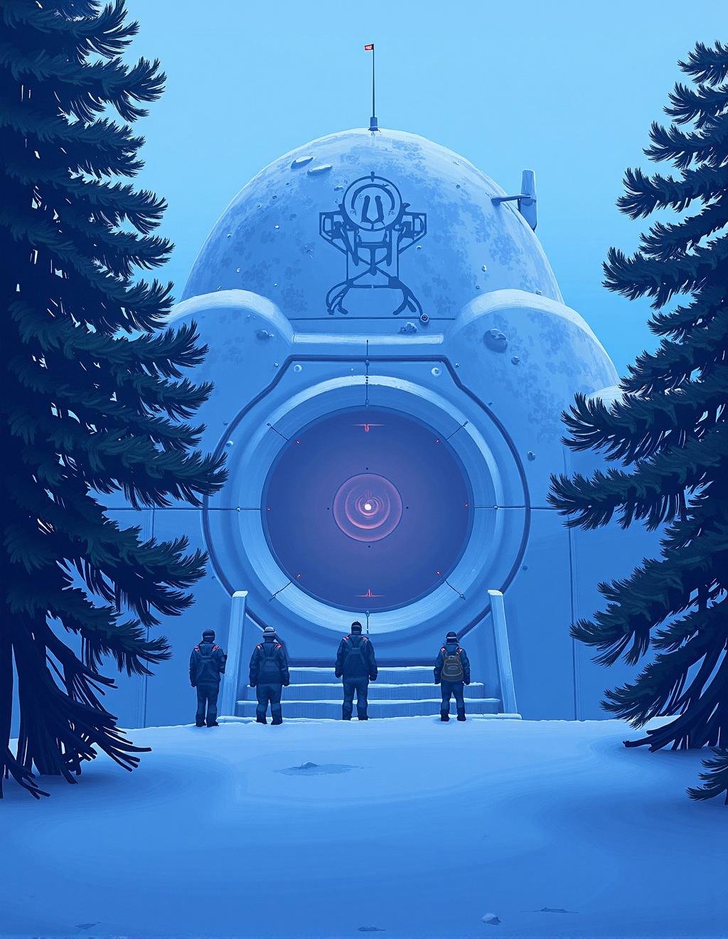 Simon Stalenhag Style,  A remote research station deep in the snowy wilderness,  its walls covered in frost. A team of sci...
