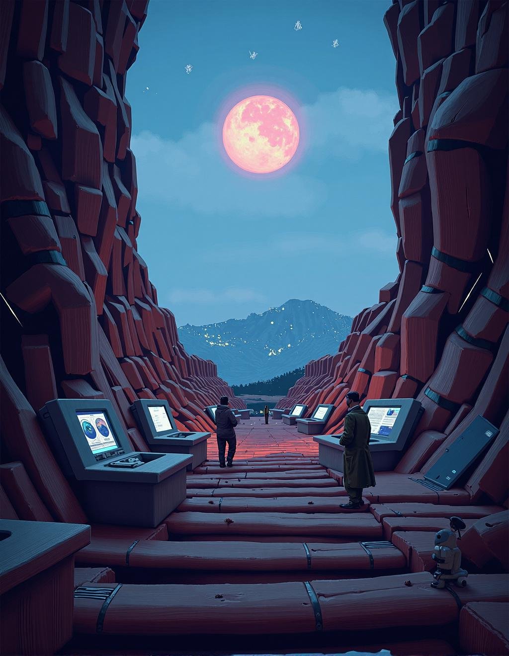 Simon Stalenhag Style,  A futuristic laboratory hidden within the mountains,  its entrance disguised as a simple wooden sh...